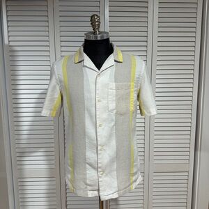 Men's Short Sleeve Button-Up Shirt - Cream with Yellow Stripe